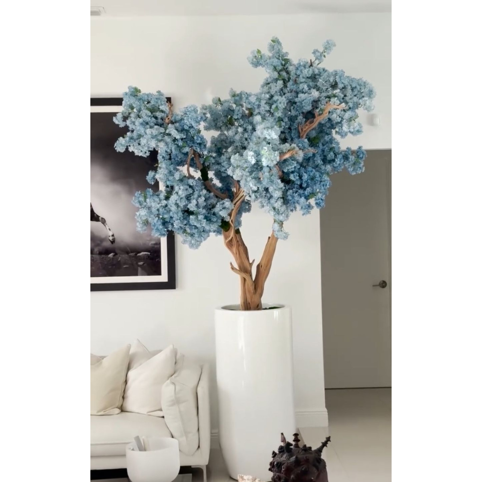Árbol de cerezo con flores azules en maceta St. Tropez blanca mate