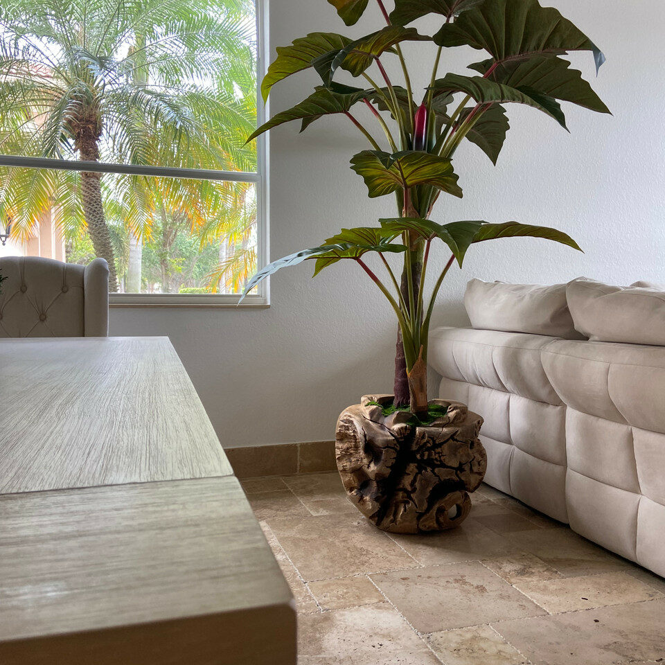 Alocasia artificial en base grande de madera de teca