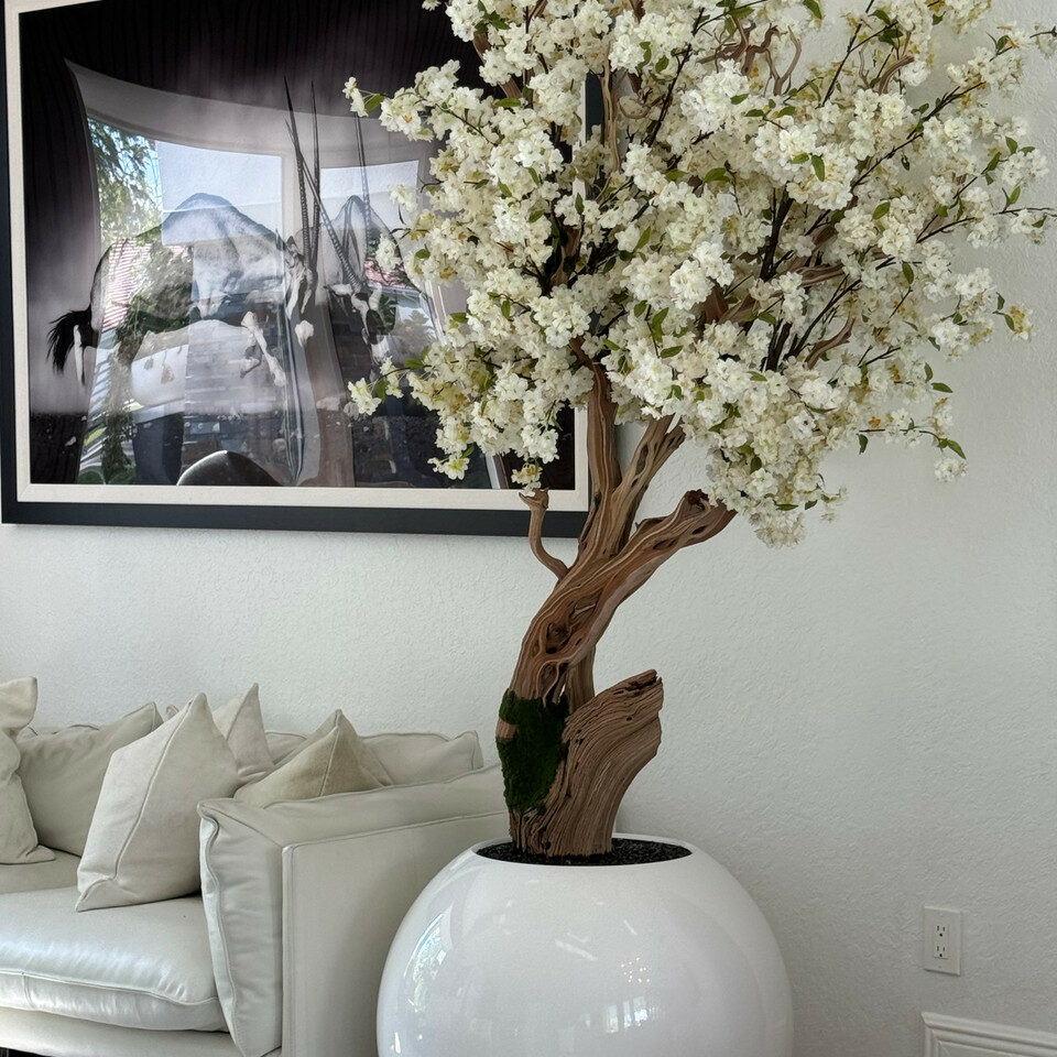 Árbol de cerezo en flor personalizado en maceta esférica blanca de alto brillo