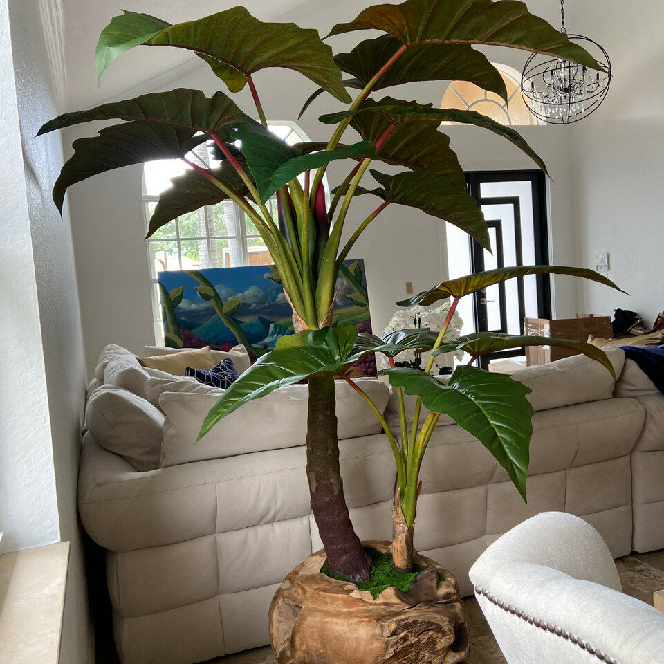 Alocasia artificial en base grande de madera de teca