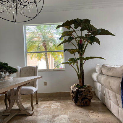 Alocasia artificial en base grande de madera de teca
