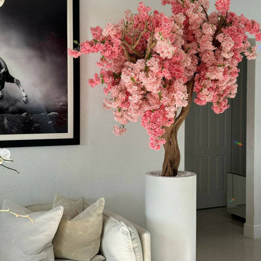 Árbol de cerezo personalizado con flores rosas en maceta St. Tropez blanca mate