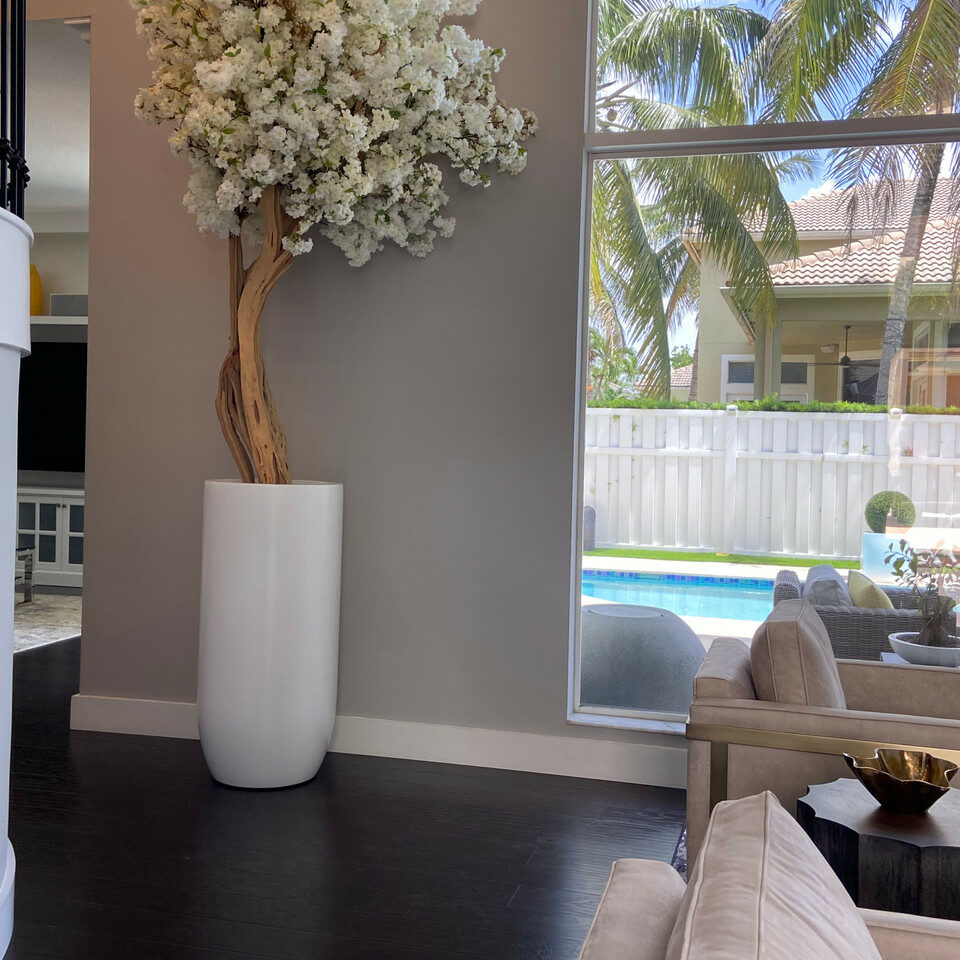 Árbol de cerezo con flores blancas en maceta St. Tropez beige mate