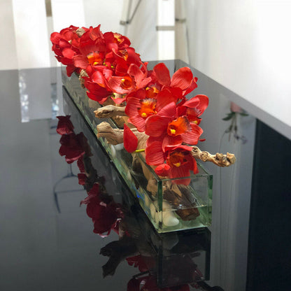 Jardinera moderna de vidrio Modern Home de 122 cm con orquídeas Cymbidium rojas