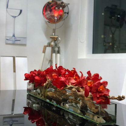 Jardinera moderna de vidrio Modern Home de 122 cm con orquídeas Cymbidium rojas