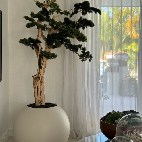 Árbol bonsái artificial en maceta esférica beige satinada – 180 cm