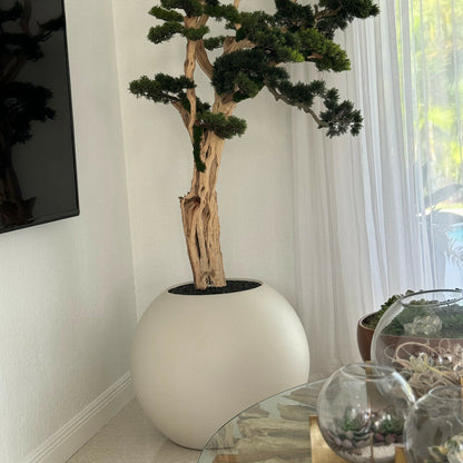 Árbol bonsái artificial en maceta esférica beige satinada – 180 cm