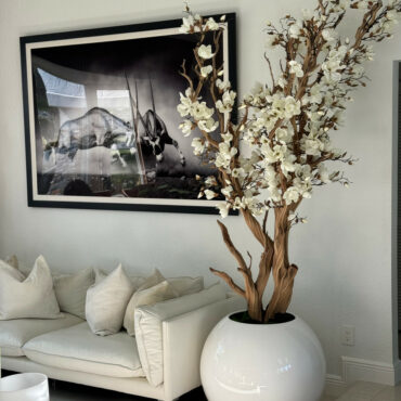 Árbol de magnolia blanca en maceta esférica blanca de alto brillo de 76 cm