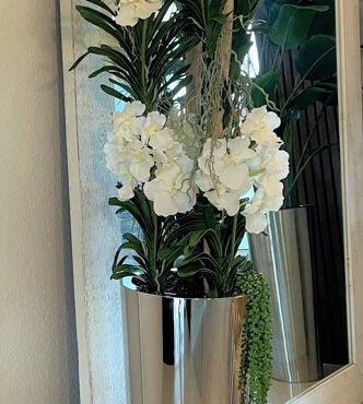 Orquídeas Vanda blancas en maceta cónica de acero inoxidable