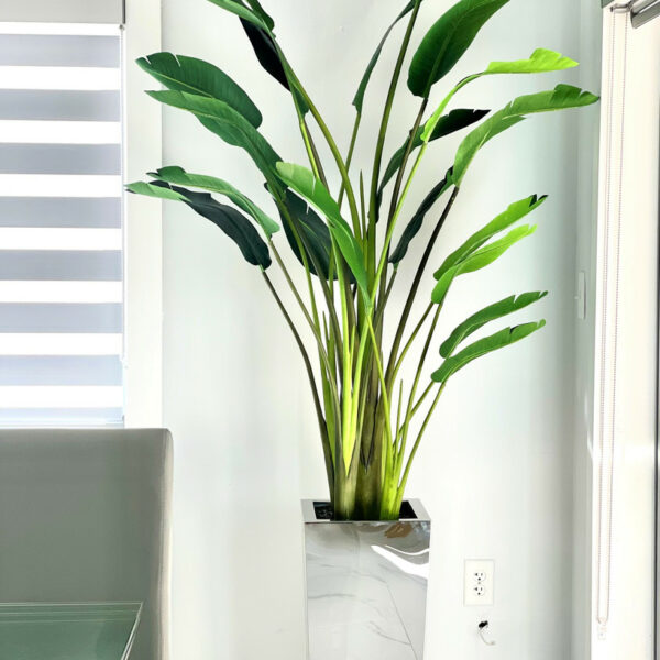 Planta ave del paraíso artificial en maceta de acero inoxidable – Tamaño M